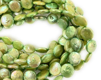 Coin shape lime green Fresh water pearl 16 inch strand.