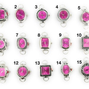 May include: Fifteen silver-tone wristwatches with pink faces and different decorative bezels. The watches are arranged in rows of five.