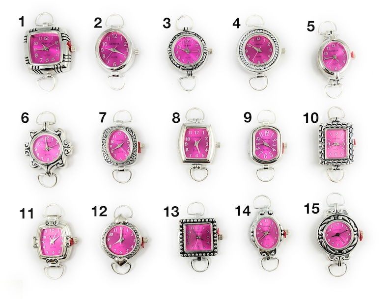 May include: Fifteen silver-tone wristwatches with pink faces and different decorative bezels. The watches are arranged in rows of five.