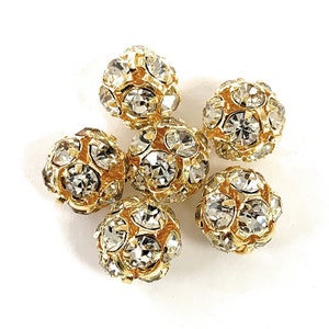 6 PCS - 10 MM Gold with Clear Crystal  Swarovski Rhinestone Crystal Fire ball beads.