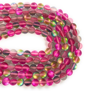 Frosted Mystic Aura Quartz, mermaid glass beads,  Fuchsia color  Vitrail synthetic moonstone. - 6mm, 8mm and 10mm.