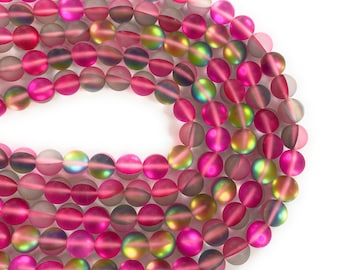 Perles de pierre de lune synthétique Vitrail fuchsia, Quartz Aura givré, 6 mm 8 mm 10 mm