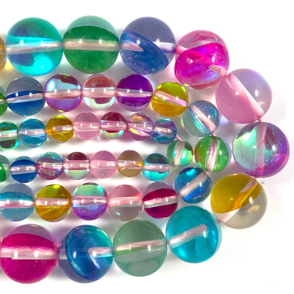 Mystic Aura Quartz Round Beads, Mermaid Glass, Multi Color, 15 Inch Strand
