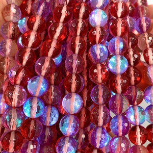 Faceted Cranberry Red Mermaid Glass Beads, Mystic Aura Quartz (15 inch strand)
