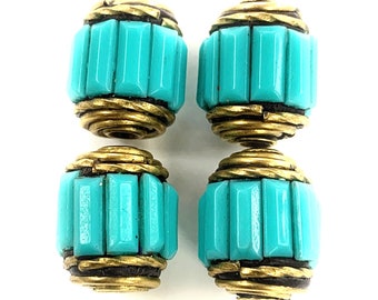 4 Pcs. Tibetan beads, Brass Beads inlaid in  Turquoise. ethnic beads 11x14mm. Focal Beads.
