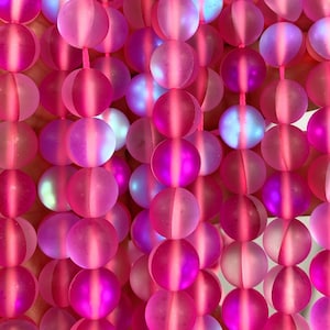 Frosted Mystic Aura Quartz, mermaid glass beads, matte finish Fuchsia synthetic moonstone, 6mm, 8mm, 10mm , 12mm - Full 15 inch Strand.