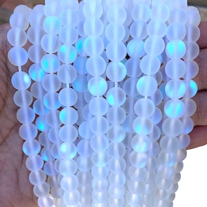 Frosted Mystic Aura Quartz, mermaid glass beads, matte finish white synthetic moonstone, 6mm, 8mm, 10mm , 12mm -15 inch.