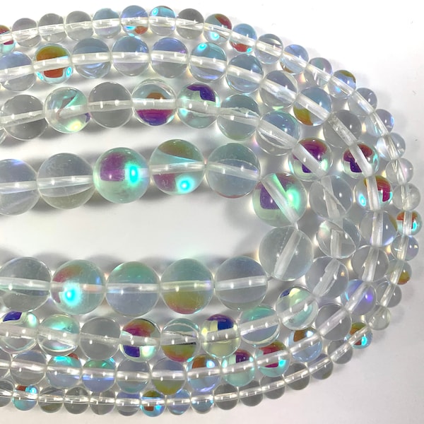 Shiny Mystic Aura Quartz, Mermaid Glass Crystal AB Round Beads  6mm, 8mm, 10mm, 12mm - 15 inch strand