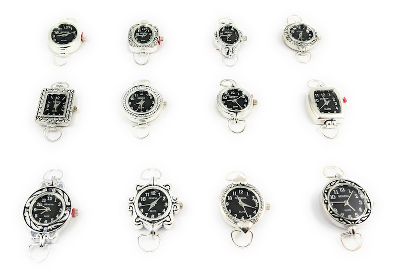 K&ouml;nnte beinhalten: Zehn silberfarbene Armbanduhren mit schwarzen Zifferbl&auml;ttern und verschiedenen dekorativen Designs. Die Uhren haben ein einzigartiges Clip-Design.