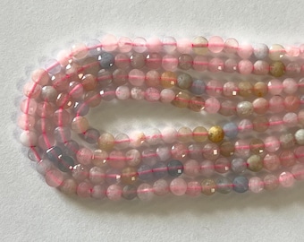 Perles rondes plates à facettes morganite de 4 mm en forme de bouton - 40 cm de fil.