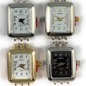 May include: Four square watch faces with silver and gold trim. The watch faces are white with black numbers and hands, black with silver numbers and hands, and white with black numbers and hands. The watch faces all say "GENEVA" and "ELITE" on them.