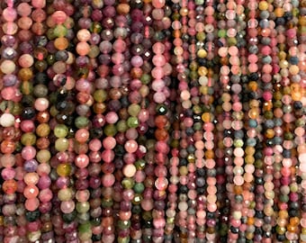 Tourmaline micro facette multicolore de qualité AAA de 3 mm et 4 mm, brin de 15 pouces.