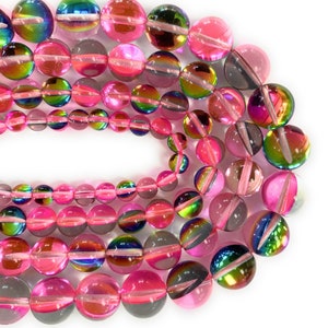 Shiny Mystic Aura Quartz, Mermaid Glass Bubble Gum Pink Vitrail color Round Beads 8mm, 10mm, 12mm - 15 inch strand.