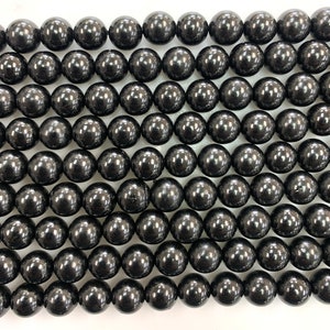 100% Natural Shungite round beads from Karelia, Russia in Size  6 mm, 8 mm perfect for protection from EMF. 15 inch strand.