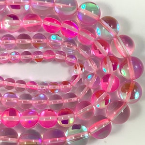 Shiny Mystic Aura Quartz, Mermaid Glass Bubble gum Pink Round Beads 6mm, 8mm, 10mm, 12mm - 15 inch strand.