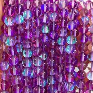 Mystic Aura Quartz Beads, Purple Amethyst Glass, 15 Inch Strand