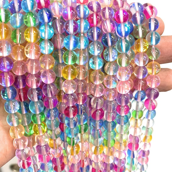 Shiny Mystic Aura Quartz, Mermaid Glass Multi color Round Beads 6mm, 8mm, 10mm, 12mm - 15 inch strand.