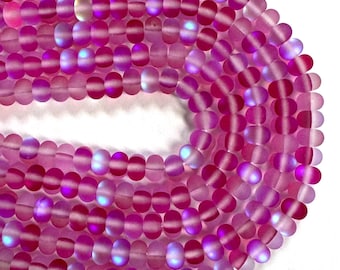 Perles rondelles en pierre de lune synthétique fuchsia, verre sirène mat, fil de 15,5 po.