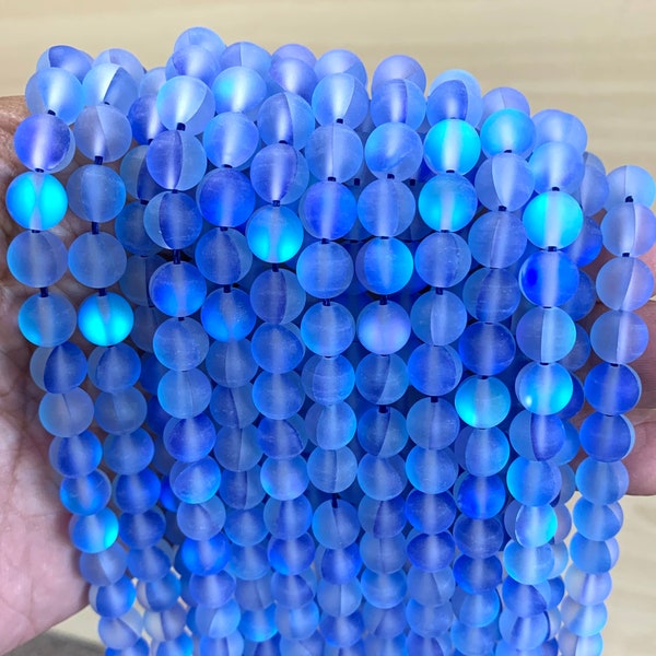 Frosted Mystic Aura Quartz, Matte Lt. Sapphire Blue Iridescent Beads, Mermaid Glass 6mm, 8mm,10mm, 12mm - 15 inch strand.