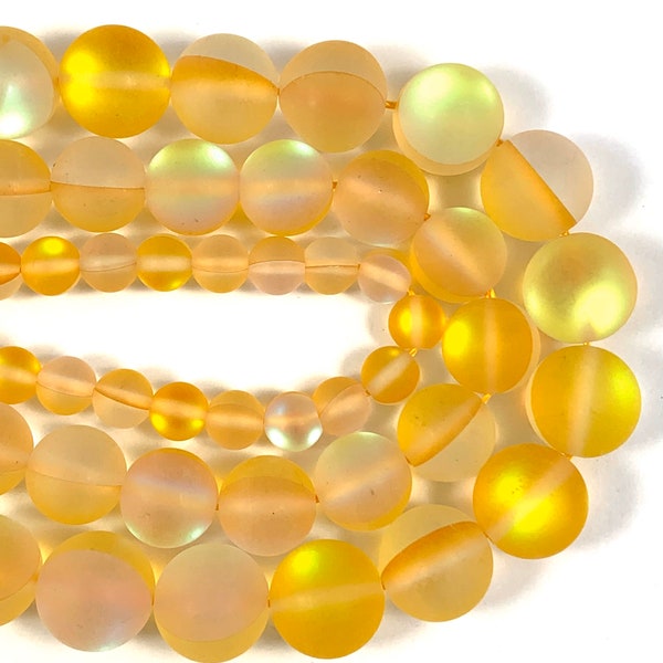 Frosted Mystic Aura Quartz, Mermaid Glass Frosted Yellow Round Beads 6mm, 8mm, 10mm, 12mm - 15 inch strand.