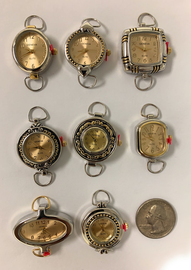 May include: Ten silver and gold tone wristwatches with round, square, and oval faces. The watches have a gold tone trim and say "Geneva Elite" on the face.