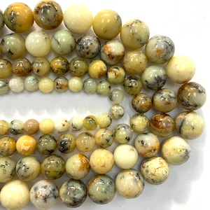 AAA Quality Natural Yellow Dendritic Opal Beads 6mm, 8mm, 10mm, 12mm, 15 inch strand
