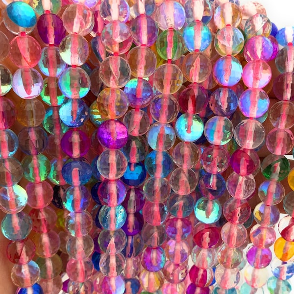 Faceted Mystic Aura Quartz, Mermaid Glass Multi Color Round Beads  8 mm, 10 mm - 15 inch strand