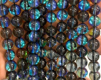 Mystic Aura Quartz Round Beads, Mermaid Glass Labradorite Color, 15 inch strand