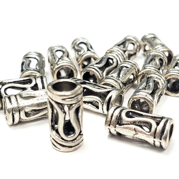 Pewter Tube Beads, Large Hole Charm Beads, 8in Strand