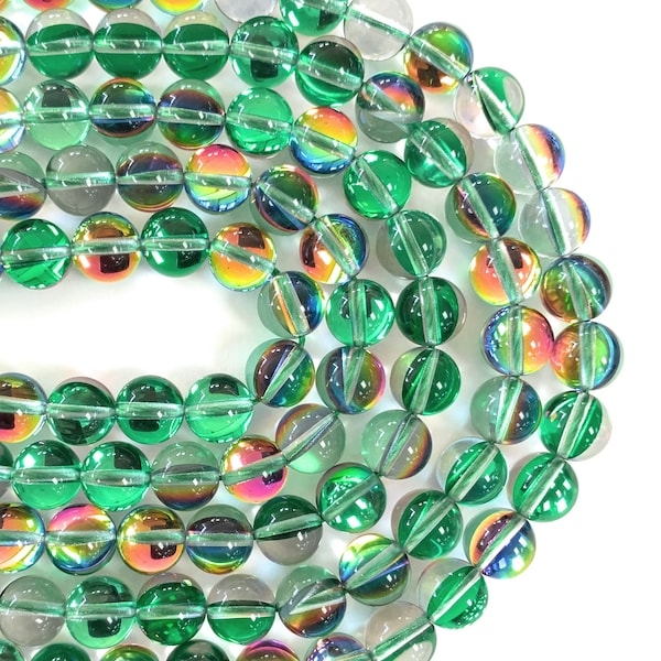 Shiny Mystic Aura Quartz, mermaid glass beads, Shiny finish Emerald Green  Vitrail synthetic moonstone. - 6mm, 8mm,10mm and 12mm.