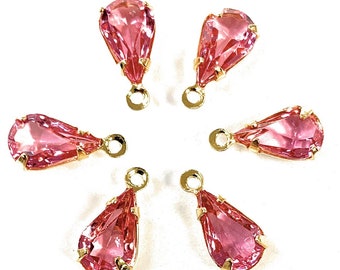 6 Vintage Pink Swarovski Crystal Teardrop Pendants, Gold Plated, 13x6 mm