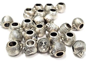 Pewter Lion Face Charm Beads, Large Hole, 8 Inch Strand