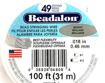 Beadalon 49 Strand Beading Wire .015 inch or .018 inch  Bright  100ft Spool.