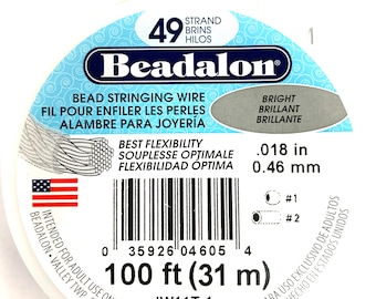 Alambre para abalorios Beadalon de 49 hebras, 0,015 pulgadas o 0,018 pulgadas, brillante, carrete de 100 pies.