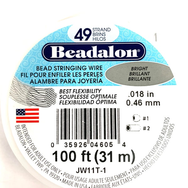 Beadalon 49 Strand Beading Wire .015 inch or .018 inch  Bright  100ft Spool.