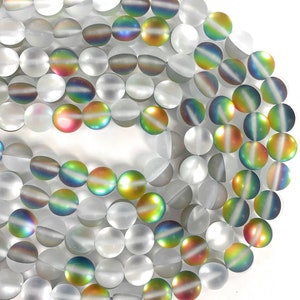Frosted Mystic Aura Quartz, mermaid glass beads, Frosted Crystal Vitrail synthetic moonstone, 6mm, 8mm, 10mm , 12mm - Full 15 inch Strand.