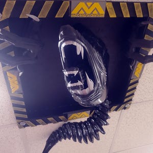 May include: A black and silver Alien head sculpture with sharp teeth and a long, segmented tail. The sculpture is mounted on a black and yellow hazard-striped frame with the text "WEYLAND-YUTANI CORP".