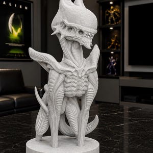 May include: A light gray, stone-textured sculpture of a quadrupedal creature with an elongated, smooth cranium, sharp teeth, and a segmented, ribbed torso. The figure stands on a circular base and features intricate, organic, biomechanical details.