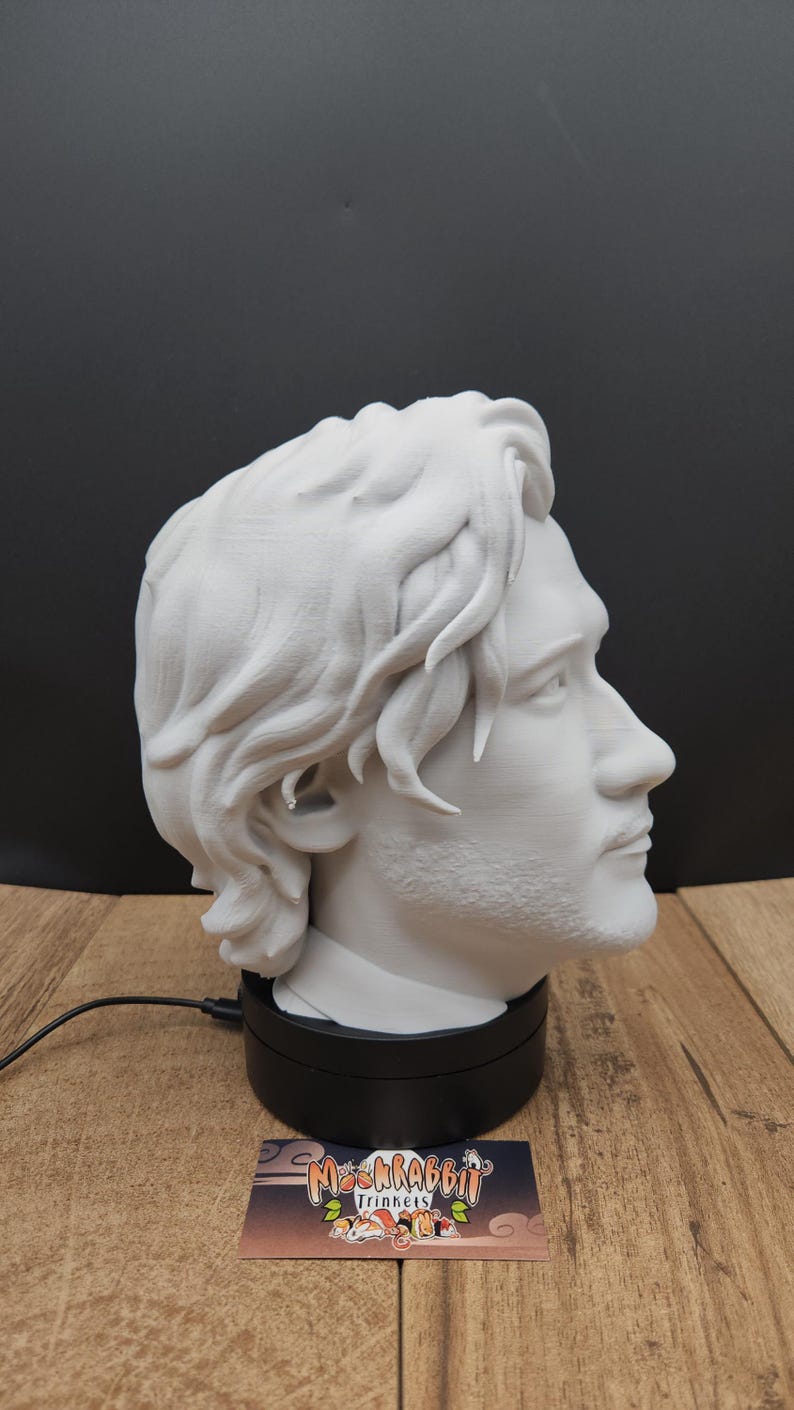 May include: A white 3D-printed bust of a man's head, showcasing detailed facial features and wavy hair. The bust is mounted on a black rotating base. The background is black, and the base sits on a wooden surface.