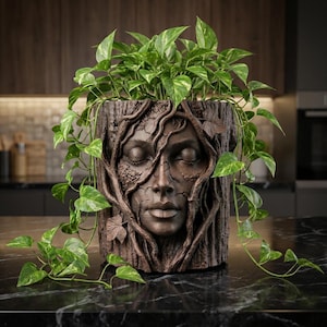 May include: A cylindrical brown planter featuring a sculpted human face with closed eyes, integrated into a textured tree bark design with raised root-like branches. A vibrant green pothos plant with variegated leaves grows from the top.