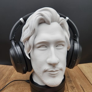 May include: A white bust of a person with headphones resting on the head. The bust is on a black base, and the headphones are black. The bust has a mustache and beard. The background is a dark color.