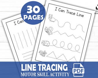 May include: A printable PDF download of 30 pages of line tracing activities for kids. The pages feature simple line tracing patterns with cute insect illustrations. The title of the download is "Line Tracing Motor Skill Activity".