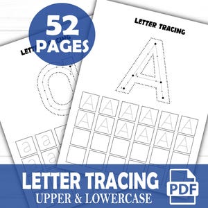 May include: Black and white printable worksheet with dotted lines for tracing the uppercase and lowercase letter A. The worksheet includes 52 pages and is an instant download.