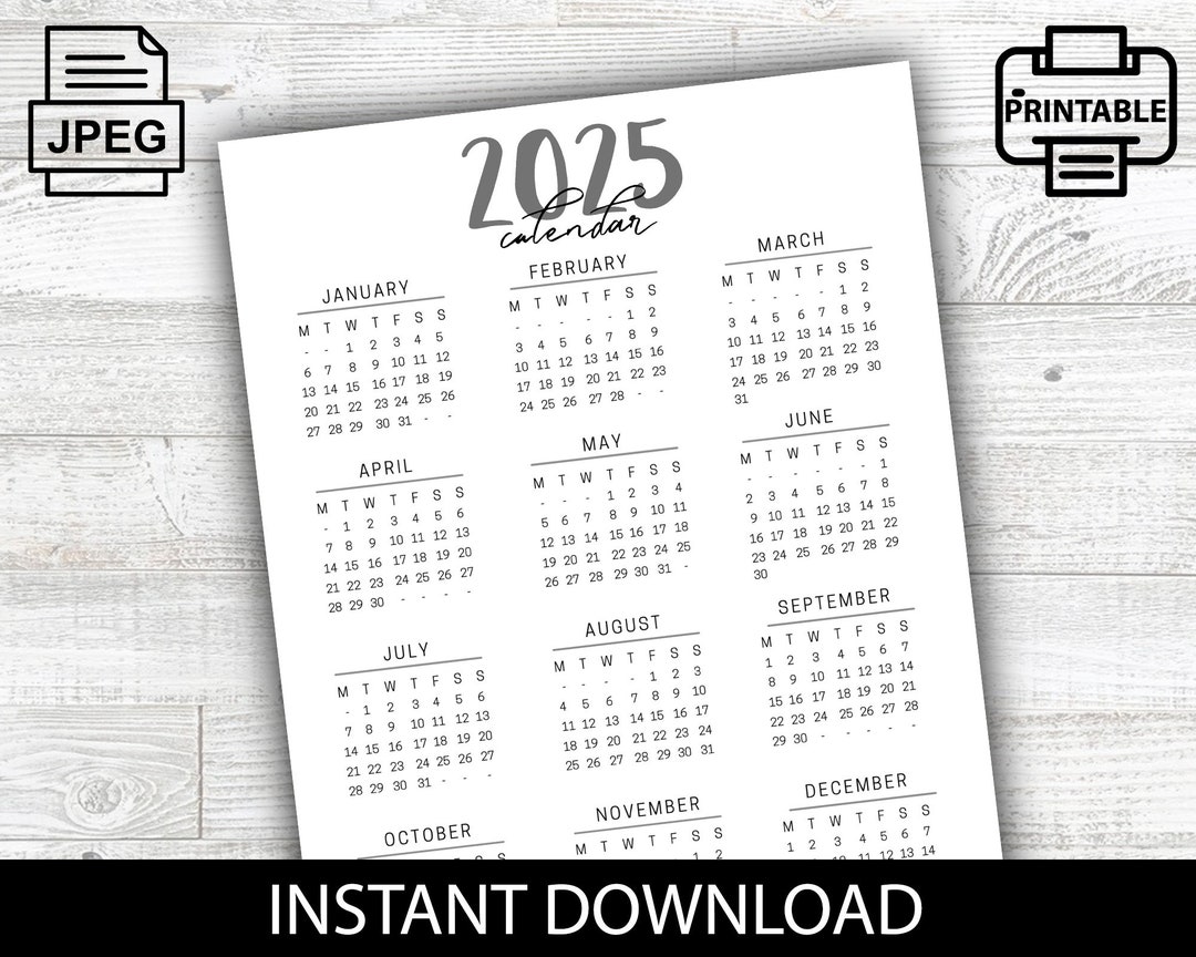 2025 Calendar, Year Calendar, Planner, Calendar, One Page Calendar