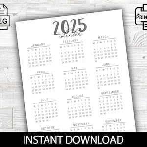 2025 Calendar, Year Calendar, Planner, Calendar, One Page Calendar, Planning Printable, Gifts For Her, Downloadable Planner, Office