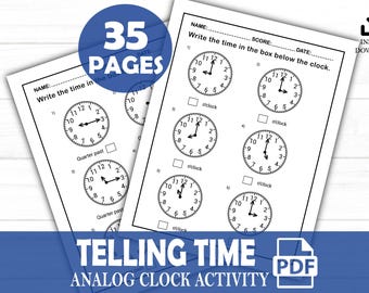 May include: A black and white printable worksheet with 35 pages of analogue clock activities for telling the time. The worksheet has a title that says "Telling Time Analogue Clock Activity" and includes the text "Write the time in the box below the clock".