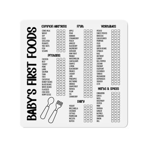 Pu&ograve; includere: Un grafico stampabile in bianco e nero con un elenco di controllo di allergeni comuni, frutta, verdura, proteine, erbe e spezie e latticini. Il grafico &egrave; intitolato "Baby's First Foods".