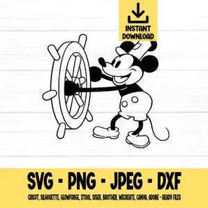 Ratón de Steamboat SVG, Mickey SVG, PNG, DXF, JPEG, Descarga digital, Archivo de corte, Cricut, Silueta, Glowforge