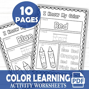 May include: Black and white printable worksheets for learning colors. The worksheets feature the words "I Know My Color" and the colors "Blue" and "Red". There are activities for reading, tracing, coloring, and matching.