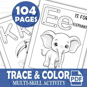 Hojas de trabajo para colorear y trazar letras, PDF imprimible de 104 páginas, divertidas actividades del alfabeto con imágenes para niños en edad preescolar y jardín de infantes
